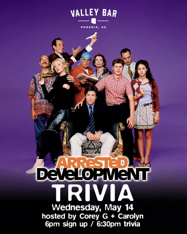 don’t be a gob — swing by for arrested development trivia this wednesday! test your bluth knowledge, win prizes, and maybe make a huge mistake (in a good way). 6pm sign up / 6:30pm trivia. FREE! hosted by @coreygomezz + @carolynexists