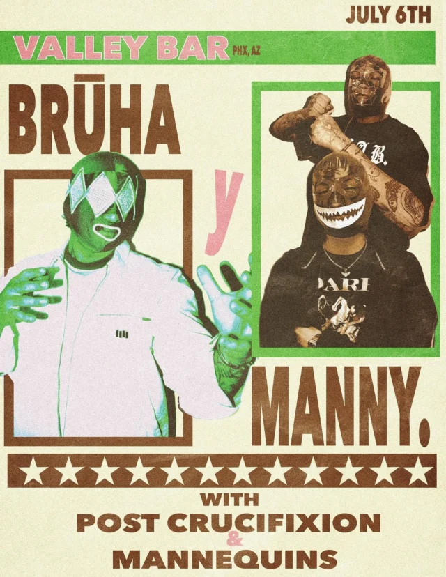 just announced + on sale now ✨ latino-fronted indie surf pop outfit @bruha.band + alt/indie rockers @manny_band hit the valley bar stage with @postcrucifixionband + @mannequinsforsale on sunday, july 6th! 

$12 adv, link in bio